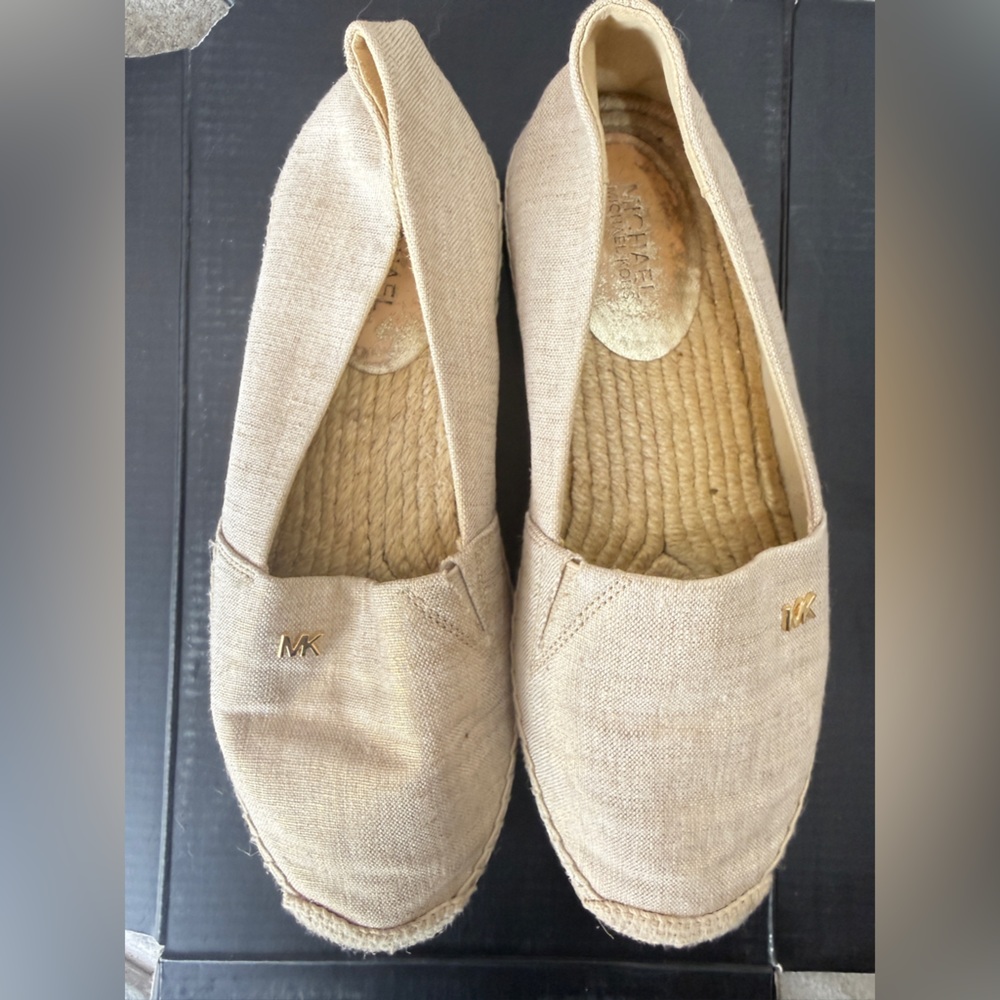 Michael Kors Natural Canvas Espadrille Slip-Ons with Gold MK Detail